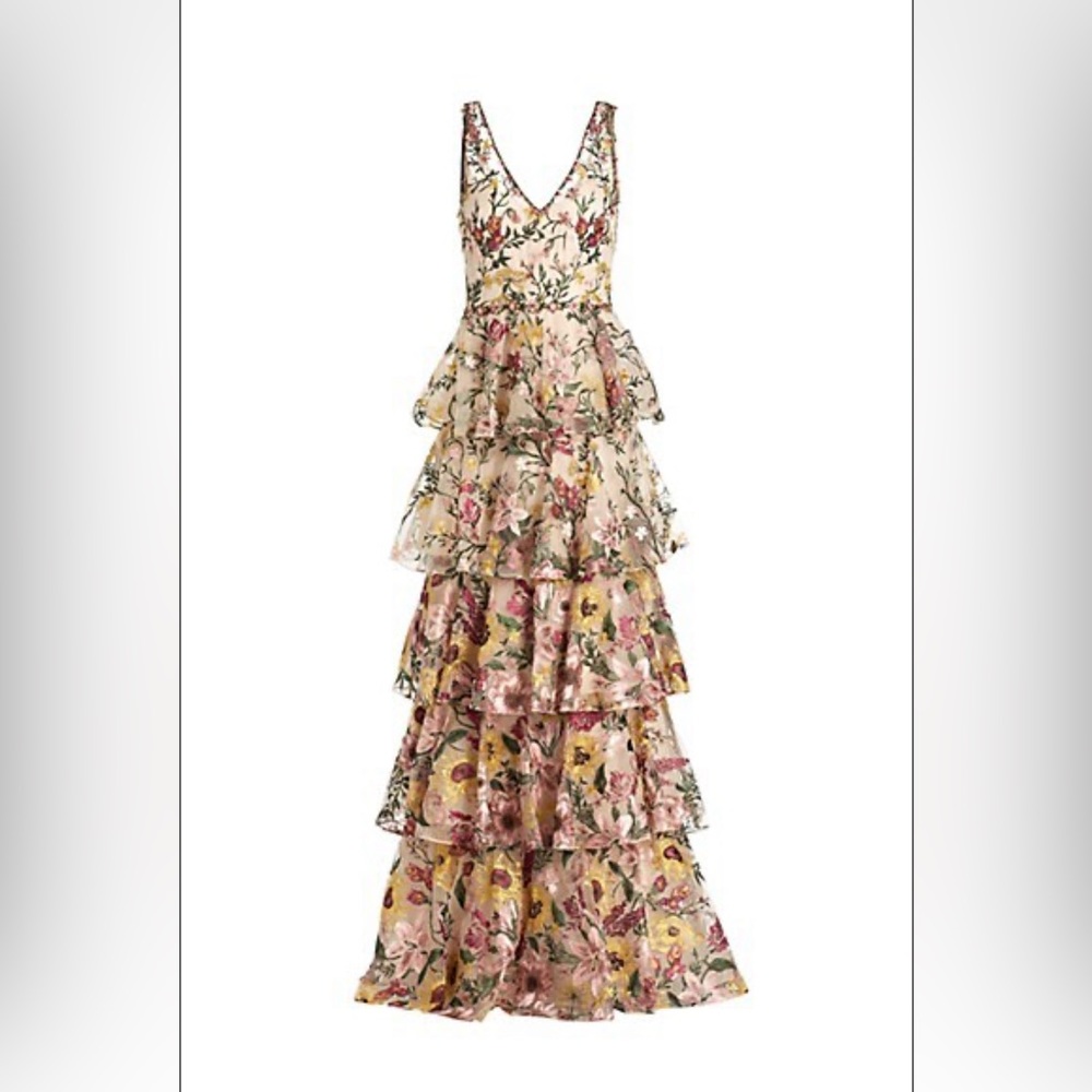 blush/nude V-neck floor length gown with rose & maroon embroidered floral